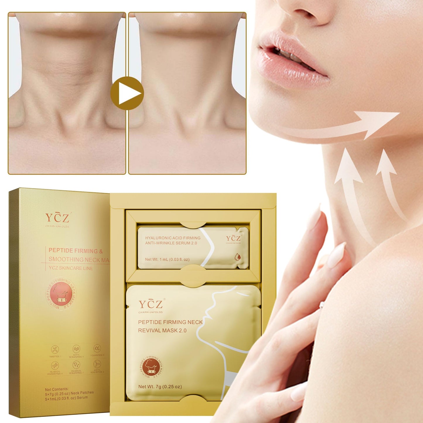 Ycz Collagen Neck Mask, Neck Wrinkle Patches with 8 Peptides and Botanical Serum Deep Hydration Moisturizing Anti Wrinkle Neck Care Lifting Firming Treatment