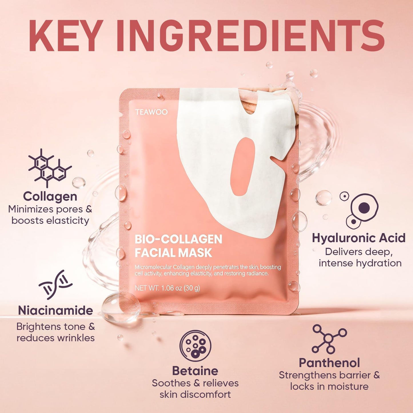 TEAWOO Bio-Collagen Facial Mask 8 EA, Hydrating & Soothing Hydrogel Face Mask, Overnight Collagen Face Mask for Glass Skin & Elasticity, Korean Skin Care
