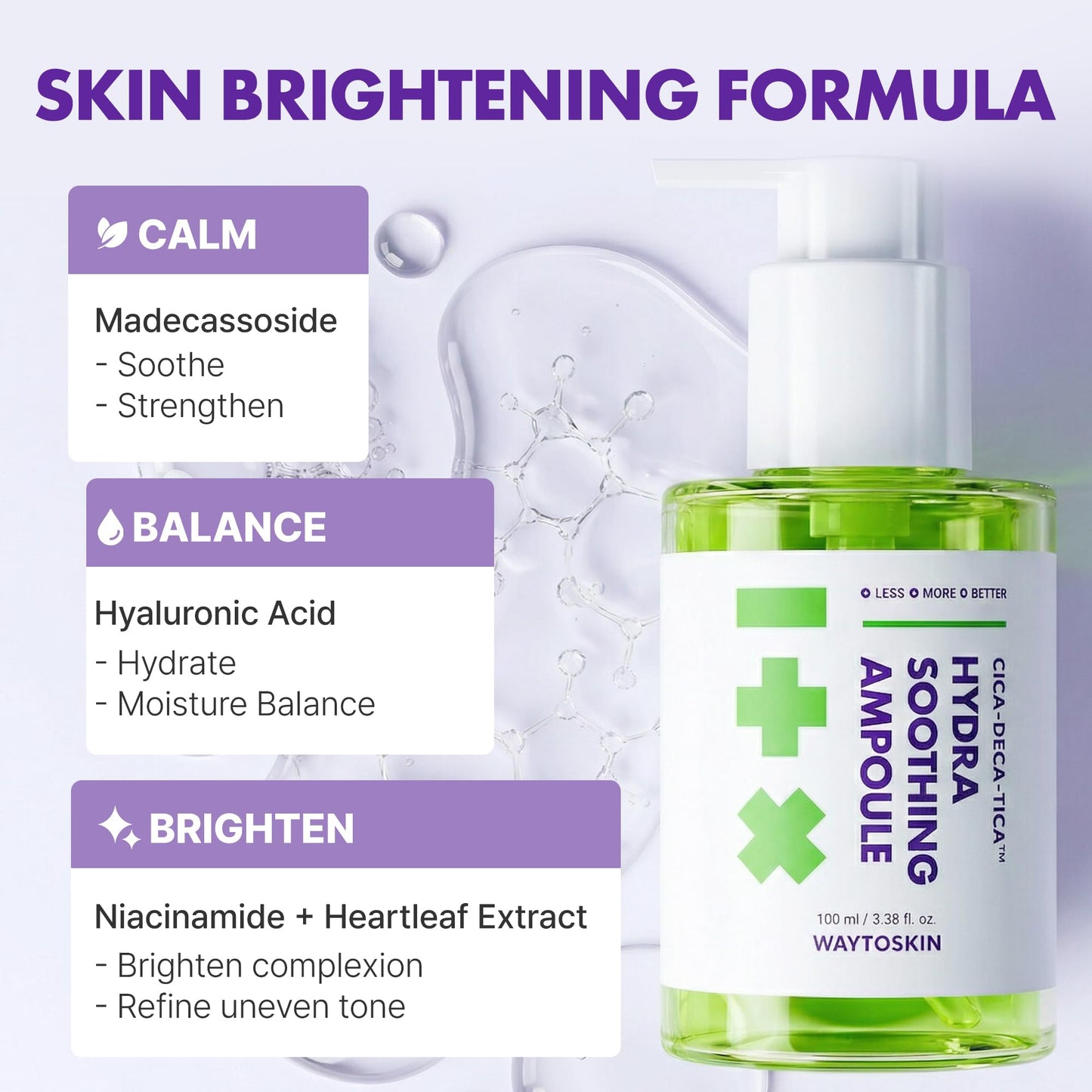 WAYTOSKIN Centella Calming Ampoule Serum – Korean Face Serum with Niacinamide, Tea Tree & Multi Hyaluronic Acid for Oily, Combination Skin 3.38 fl oz. / 100ml