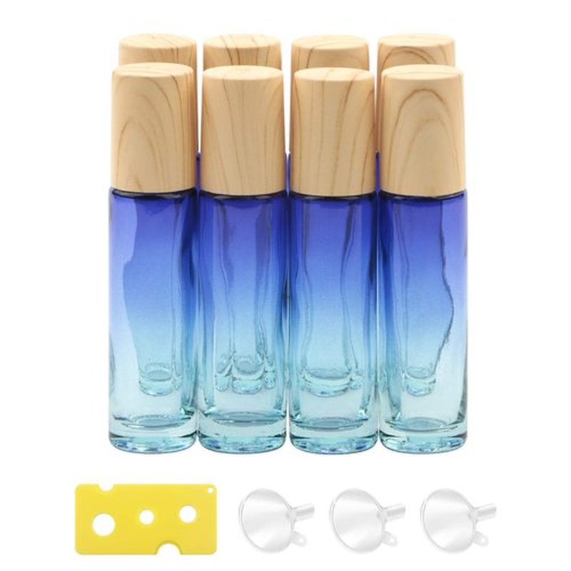 Newzoll 8 Pcs Glass Roller Bottles Essential Oils Perfume Roll on Bottles 10 ml (1/3 oz) Blue Gradient Rolling Bottles Vials Container for Oils Lip Balms