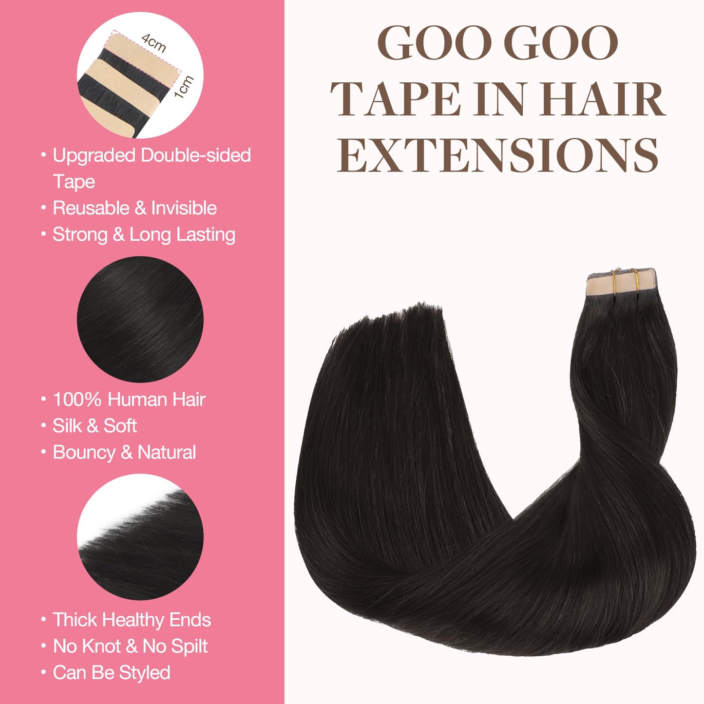 GOO GOO Tape in Hair Extensions Human Hair, 1B Natural black, 16inch 50g 20pcs, Thick Ends Straight Seamless Tape in, Invisible Tape in Hair Extensions Human Hair