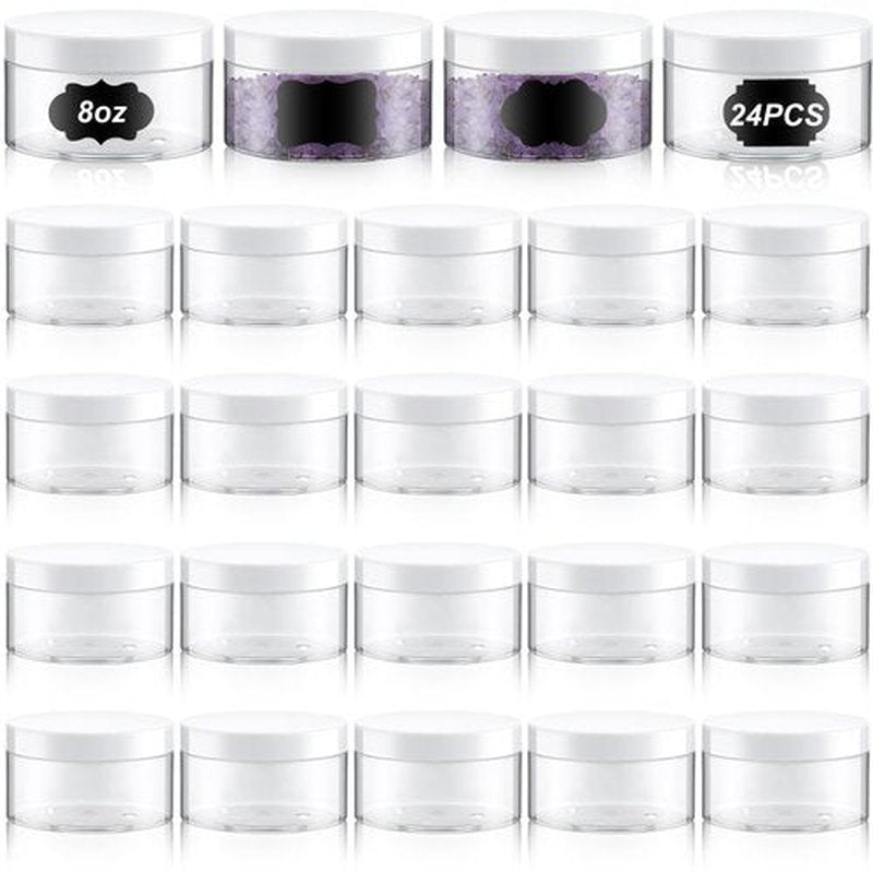 Dandat 24 Pcs Plastic Jars with Lid and Label PET Cosmetic Containers Leak Proof Empty Cosmetic Jars Refillable Storage Travel Jars for Lotion Cream Gel Powder Ointment(Clear with White Lid,8 oz)