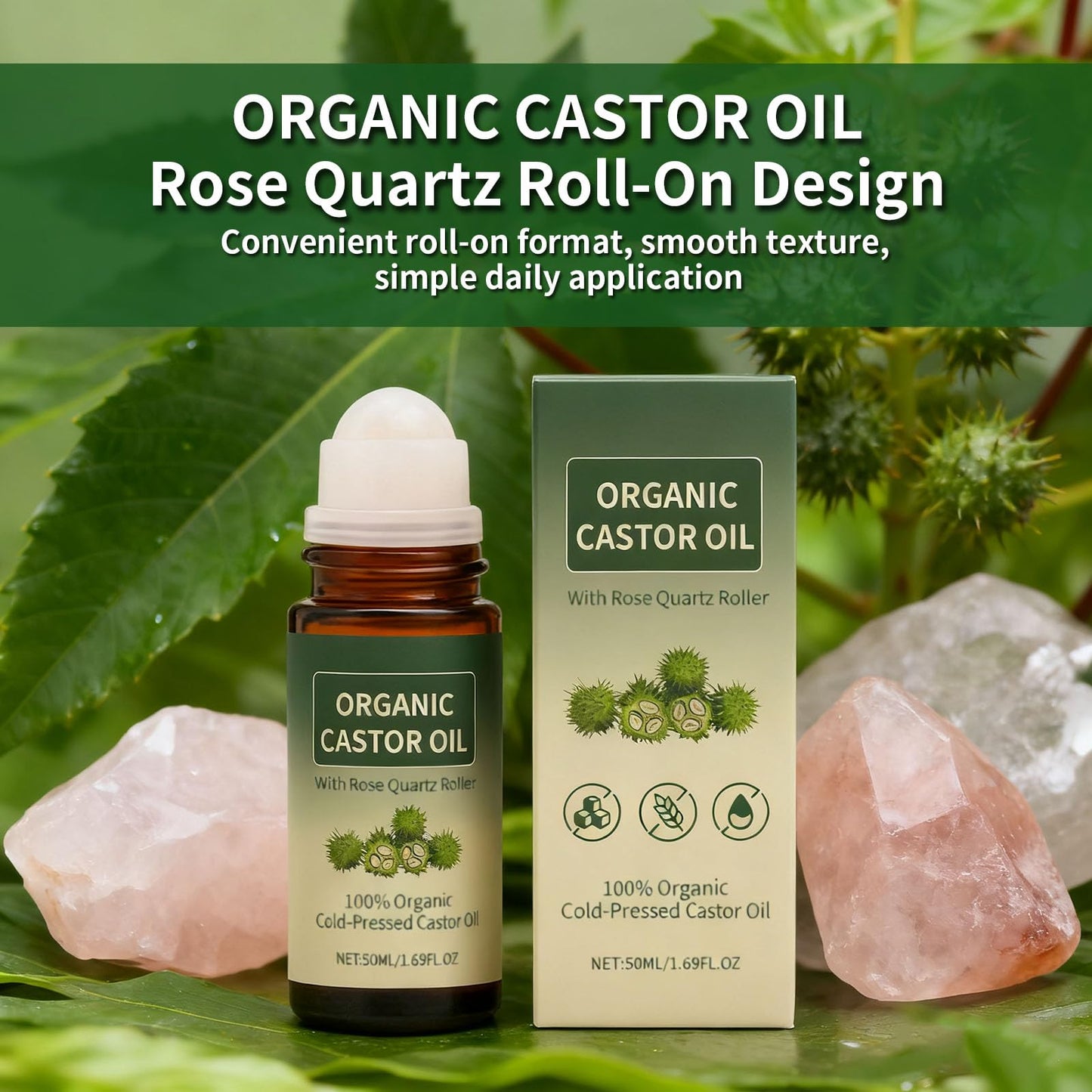 Maidlure Organic Castor Oil Roll-on with Rose Quartz, 100% Cold-Pressed Organic Castor Oil Glass Bottles Roller for Skin, Brows & Lashes 1.7oz (1)