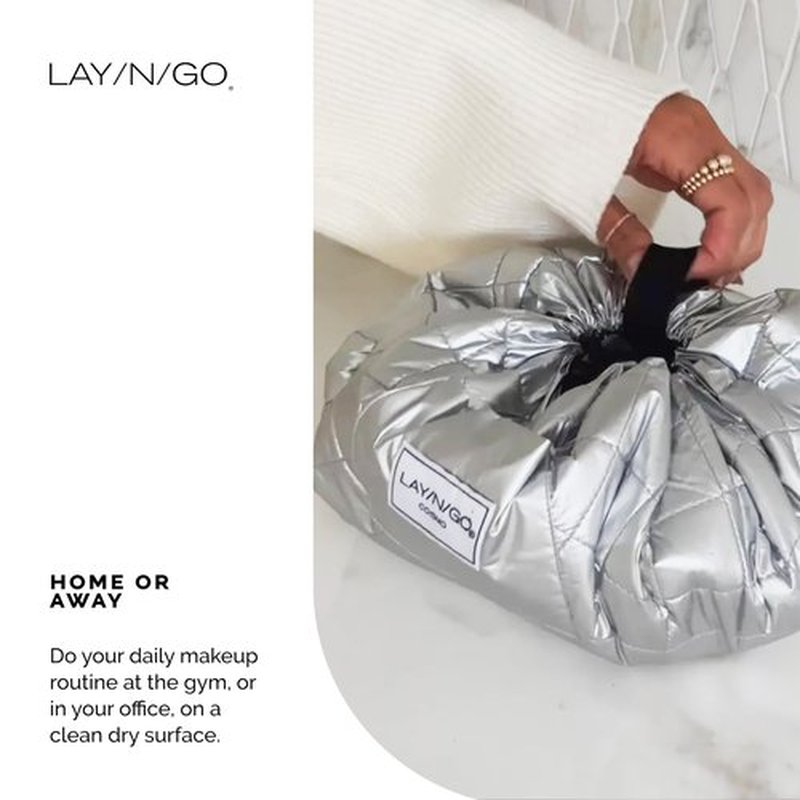 Lay-n-Go Cosmo Drawstring Cosmetic & Makeup Bag Organizer - Portable Drawstring Makeup Bag w/Zipper Pocket, Makeup Loops & More - Durable, Machine Washable Makeup Bag for Travel (20”, Black)