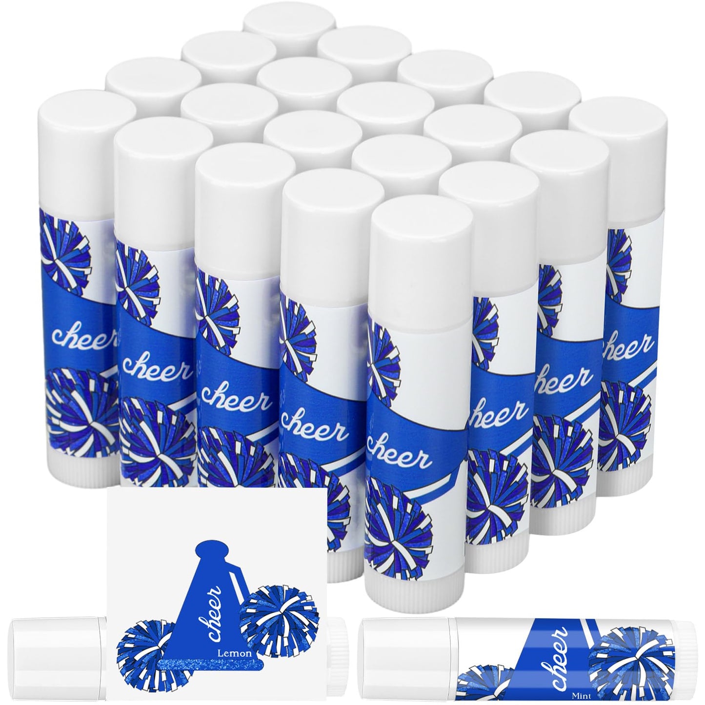Suttmin 24 Pcs Cheer Lip Balm Bulk Cheer Teams Camp Gifts Pom Pom Leaders Party Favors Gear Lip Balm Valentine's Day Gift for Competitive Party Guest Supplies(Blue and White)