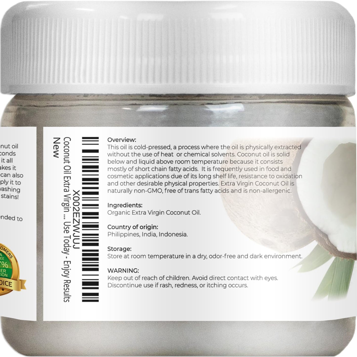 velona USDA Certified Organic Coconut Oil Extra Virgin - 2 fl oz | Food and Cosmetic Grade | in jar | Extra Virgin, Cold Pressed