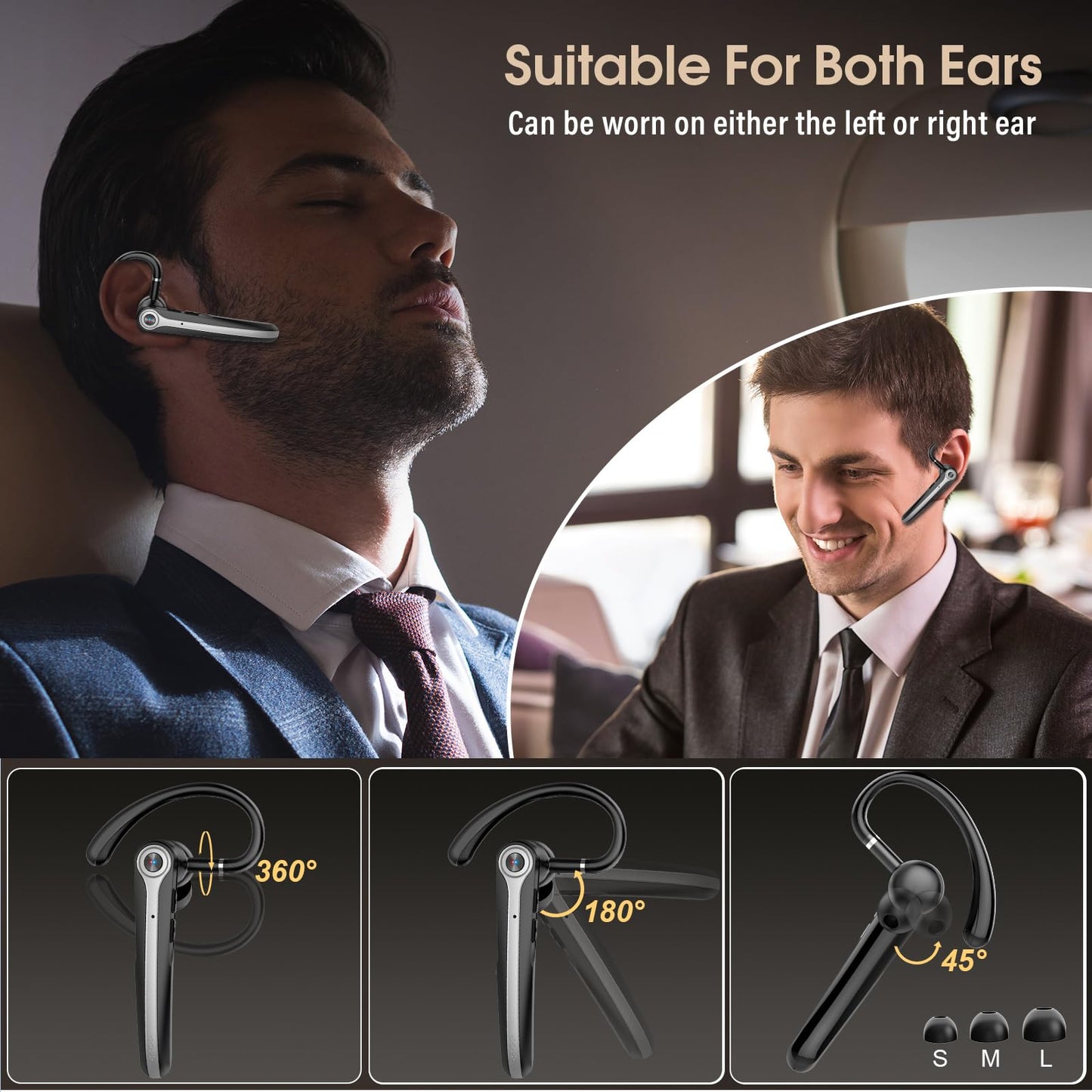 Bluetooth Headset, Wireless Bluetooth Earpiece with ENC Noise Canceling Mic, 120Hrs Talk Single-Ear Headphones, LED Display, IPX7, V5.4 Hand-Free Earphone for Business/Trucker/Driver (Bright Black)