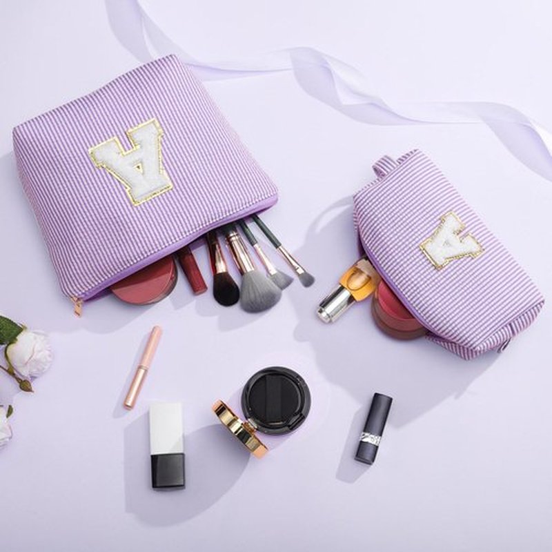 YOOLIFE Preppy Stuff Tween Girls Gifts 2 Pieces Monogram Makeup Pouch Makeup Organizer Bag Beauty Bag Personalized Friend Sister Wife Wedding Bride Birthday Gifts for Women Her Preppy Makeup Bag S
