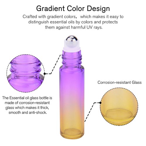 PrettyCare Roller Bottles 10ml (12 Pack Rainbow Glass, Golden Cap, 24 Labels, 2 Extra roller balls, Opener, 2 Funnels) for essential oils, Roll on Bottles
