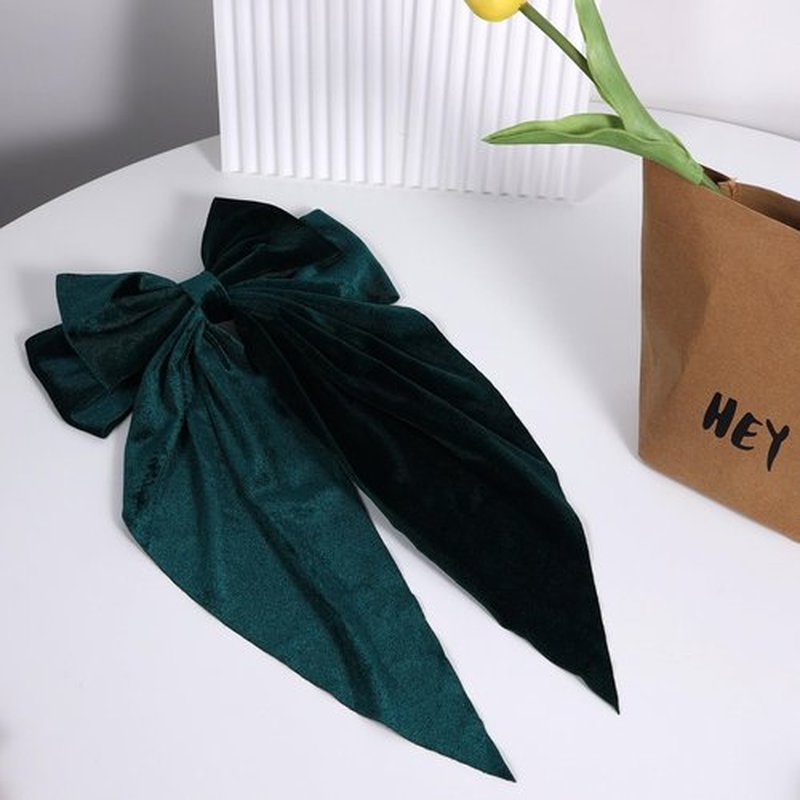 Green Velvet Large Hair Bow Long Tail Bowknot Hair Barrette Clip 8.26 Inch Women Girls Fall Winter Ponytail Holder Hair Accessories