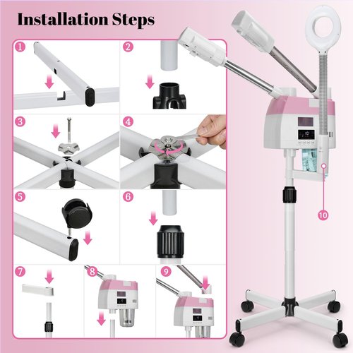 Professional Facial Steamer, 3 in 1 Facial Steamer with 5X Magnifying Lamp Hot&Cool Mist, Esthetician Steamer on Wheels, Stand Face Steamer with Time Setting for Home Salon Spa