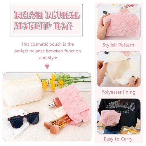 ZLFSRQ 2Pcs Makeup Bag for Women Travel Medium Pink White Cosmetic Bag Set Cute Argyle Preppy Makeup Pouch Purse Zippered Toiletry Bag Organizer Cute Y2K Trendy Aesthetic Makeup Brushes Storage Bag