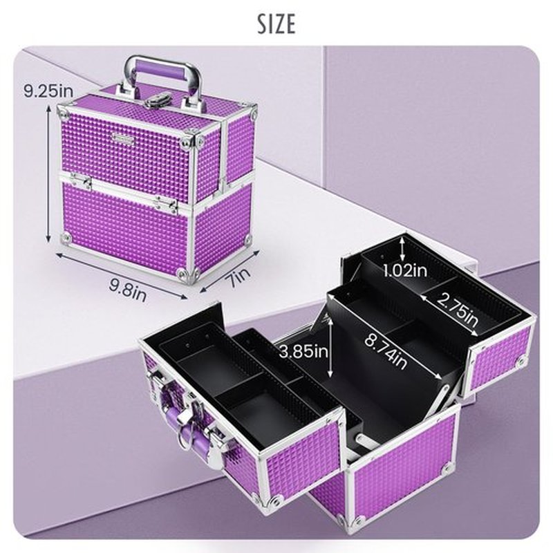 Frenessa Makeup Train Case Cosmetic Box Organizer Storage Portable 4 Trays Jewelry Storage Organizer with Lockable Dividers for Makeup Artist, Crafter, Makeup Tools Traveling Makeup Case Purple