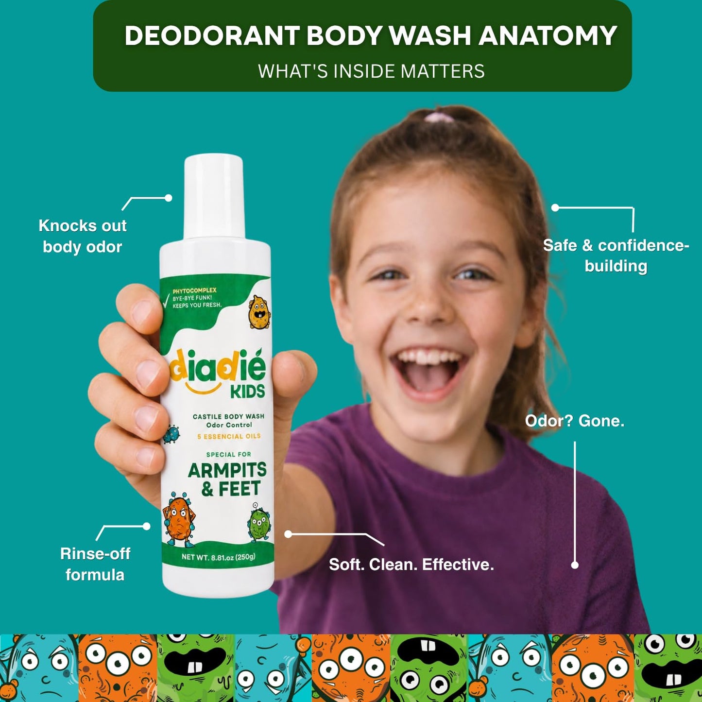 Diadié Kids Natural Castile Liquid Body Odor Soap/Wash, For Armpits, Boys or Girls, Made With 5 Essential Oils, 8.81 oz, 1 Pack
