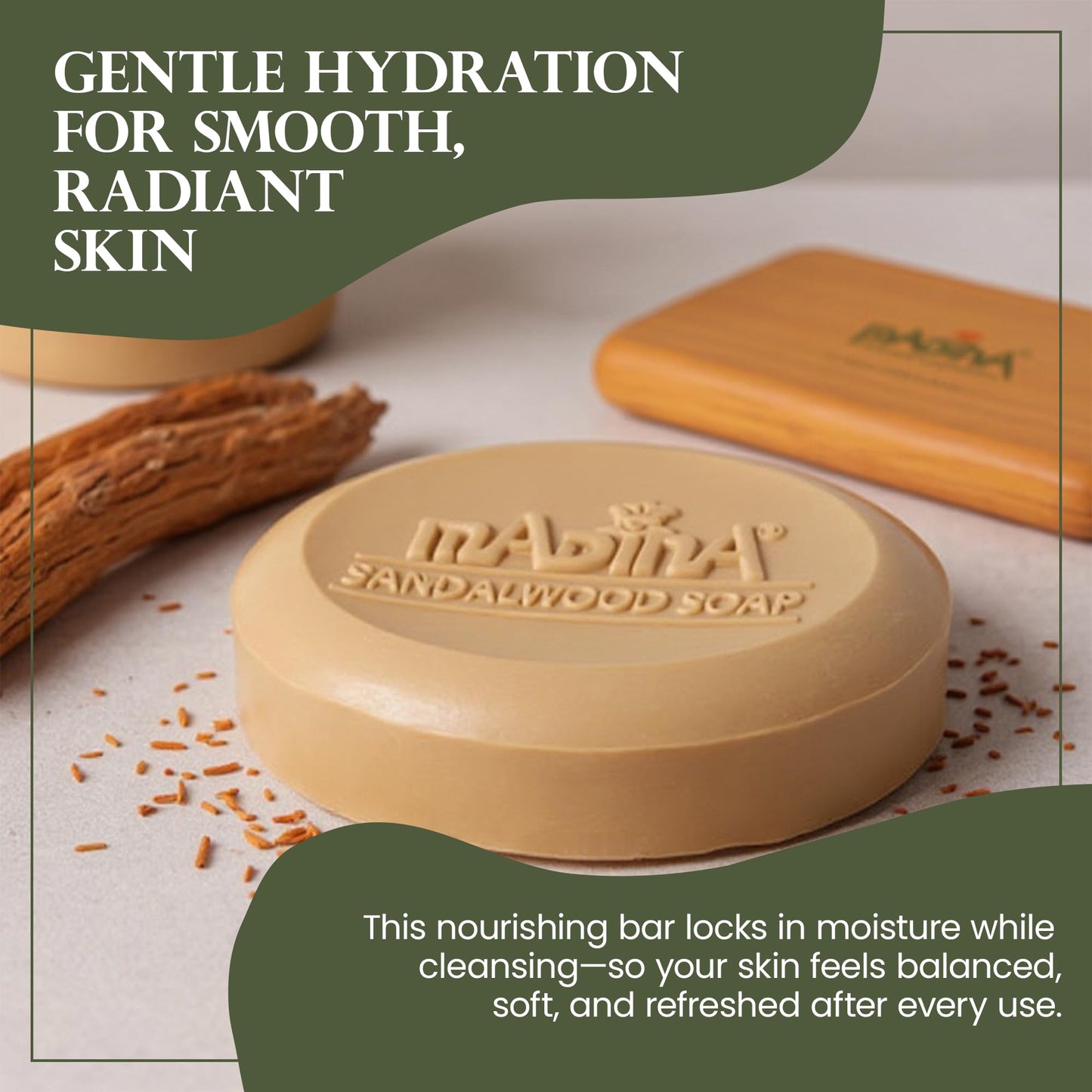 Madina Sandalwood Soap Bar – Moisturizing, Gentle Cleanser, Aromatic Sandalwood, Vitamin E, Aloe Vera, 100% Vegetable-Based, For All Skin Types, 6 Pack (3.5 oz Each)