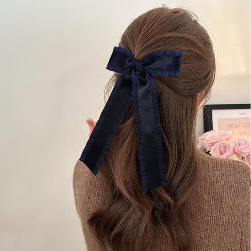 Big Silky Satin Hair Bows Hair Clip Navy Blue Ruffle Ribbon Ponytail Holder Decor Accessories with Long Tail Slides Metal Clips Hair Bow for Women Girls Toddlers Teens Kids 5.5 Inch