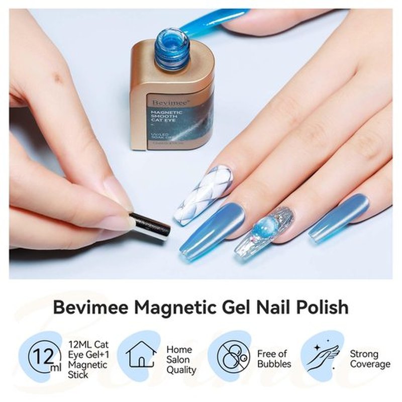 Bevimee Moonlight Cat Eye Gel Nail Polish 12ML Blue Glitter Magnetic Gel Polish Velvet Ceramic Effect Crystal Shimmer Cateye Gel Soak Off UV Gel Nail polish Nail Art Manicure Salon At Home 1Pc