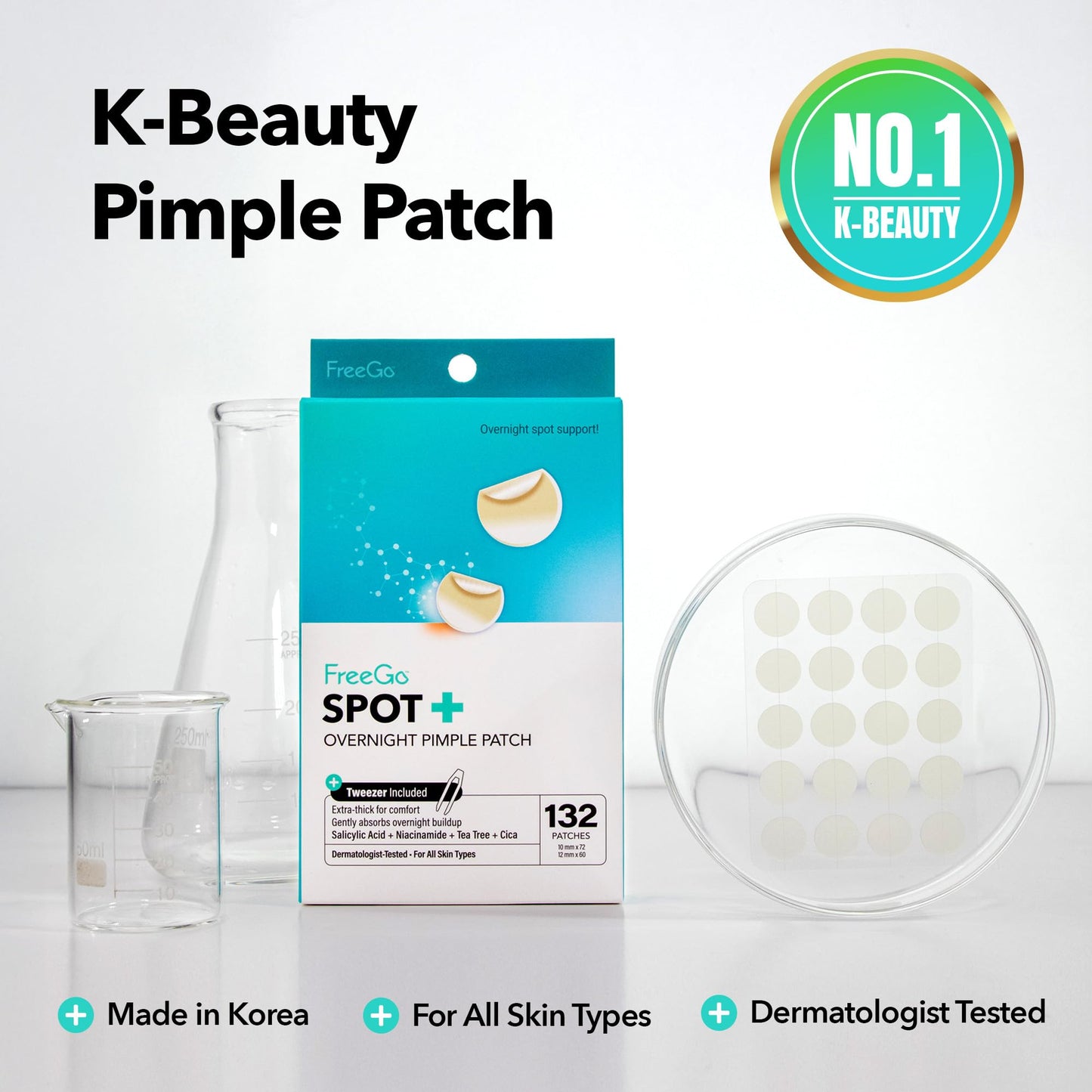 FreeGo Spot+ Hydrocolloid Overnight Patches for Face, Large Patches for Breakouts, Zit, Blemish Spot, Facial Stickers, Korean Pimple Patches (132 Counts)