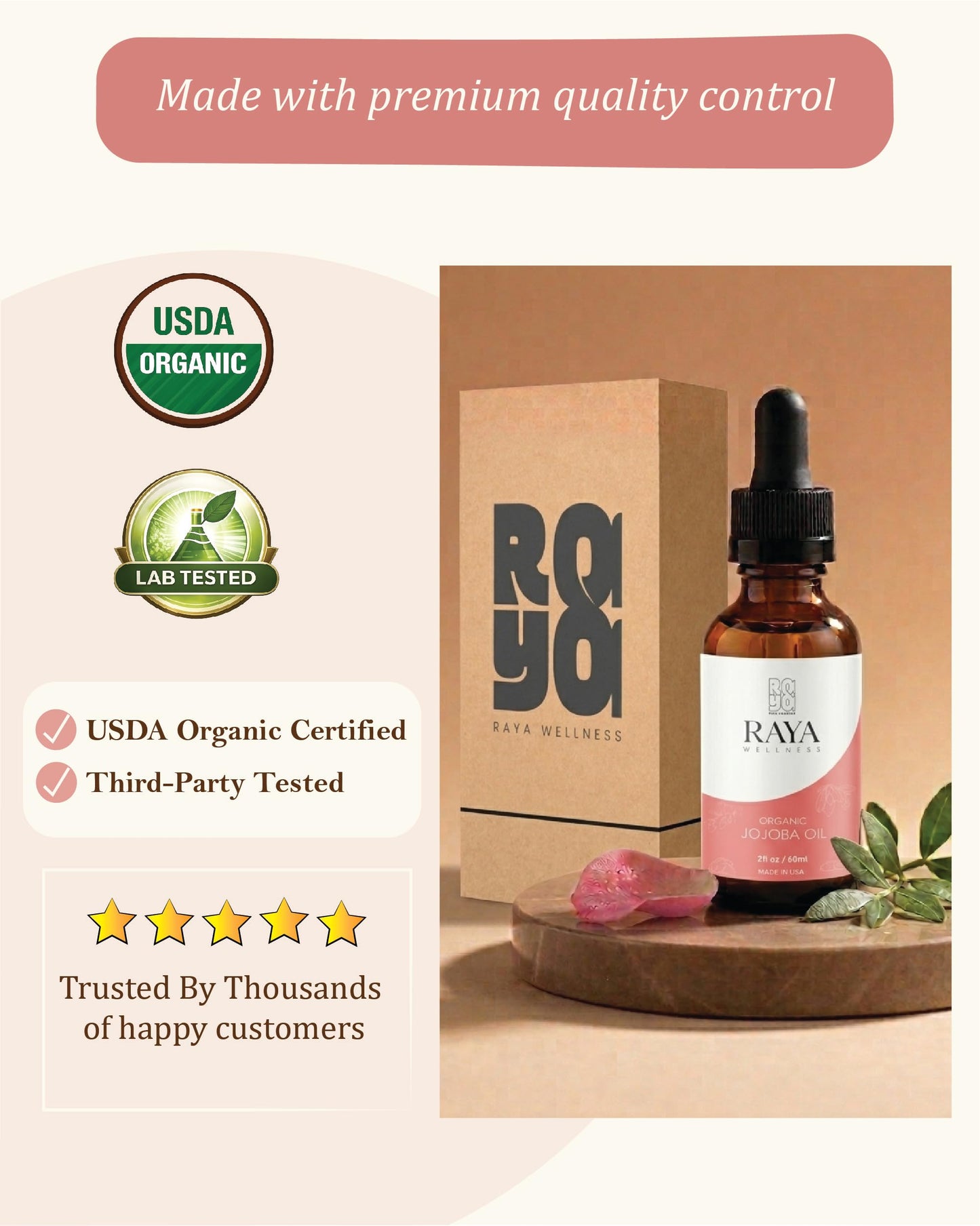 Raya Wellness - USDA Organic Jojoba Oil - Cold-Pressed - Made in USA - Glass Bottle - 2 fl oz (60 ml)
