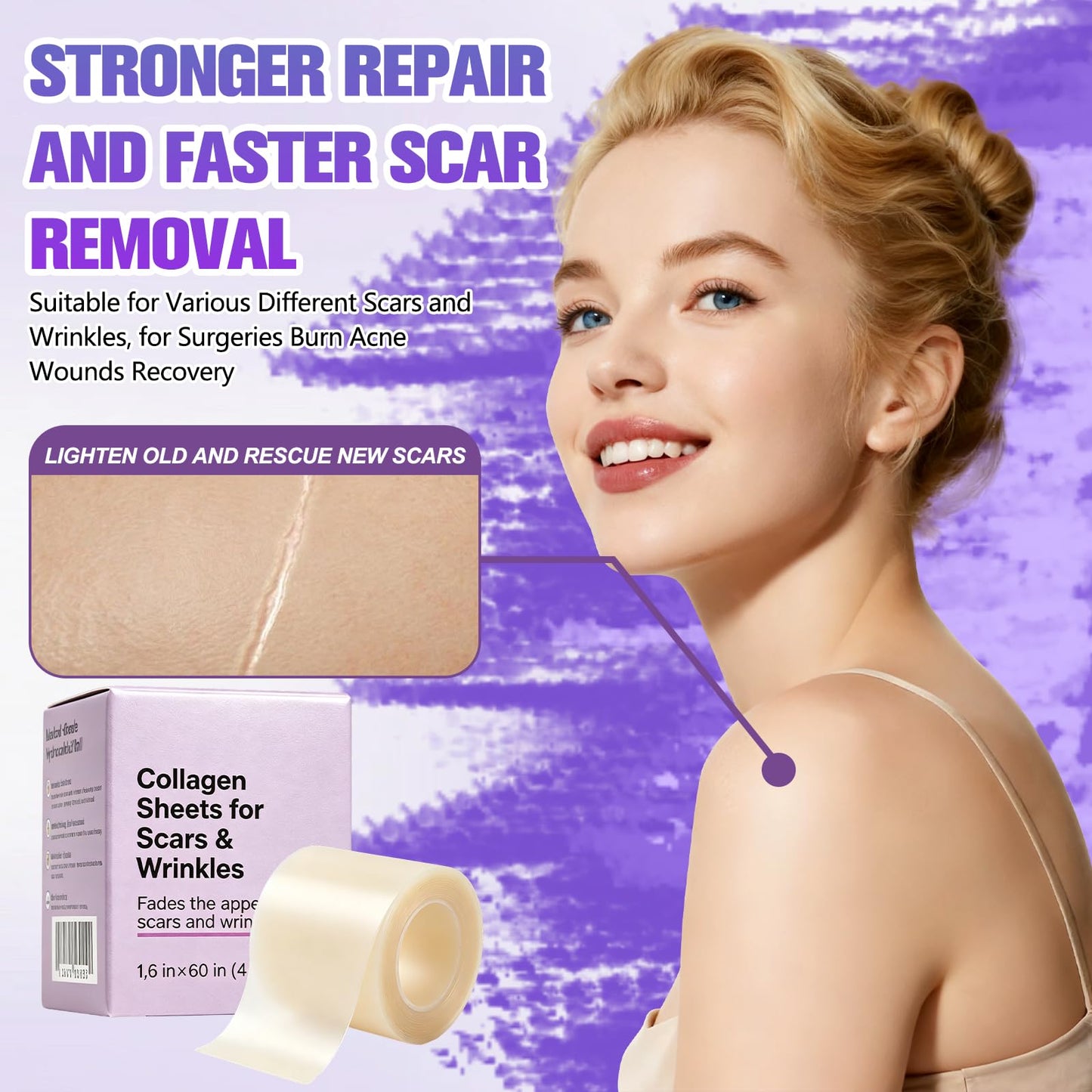 Collagen Tape, Collagen Sheets for Scars & Wrinkle, Silicone Scar Removal Strips for Various Different Scars and Wrinkles, for Surgeries Burn Acne Wounds Recovery