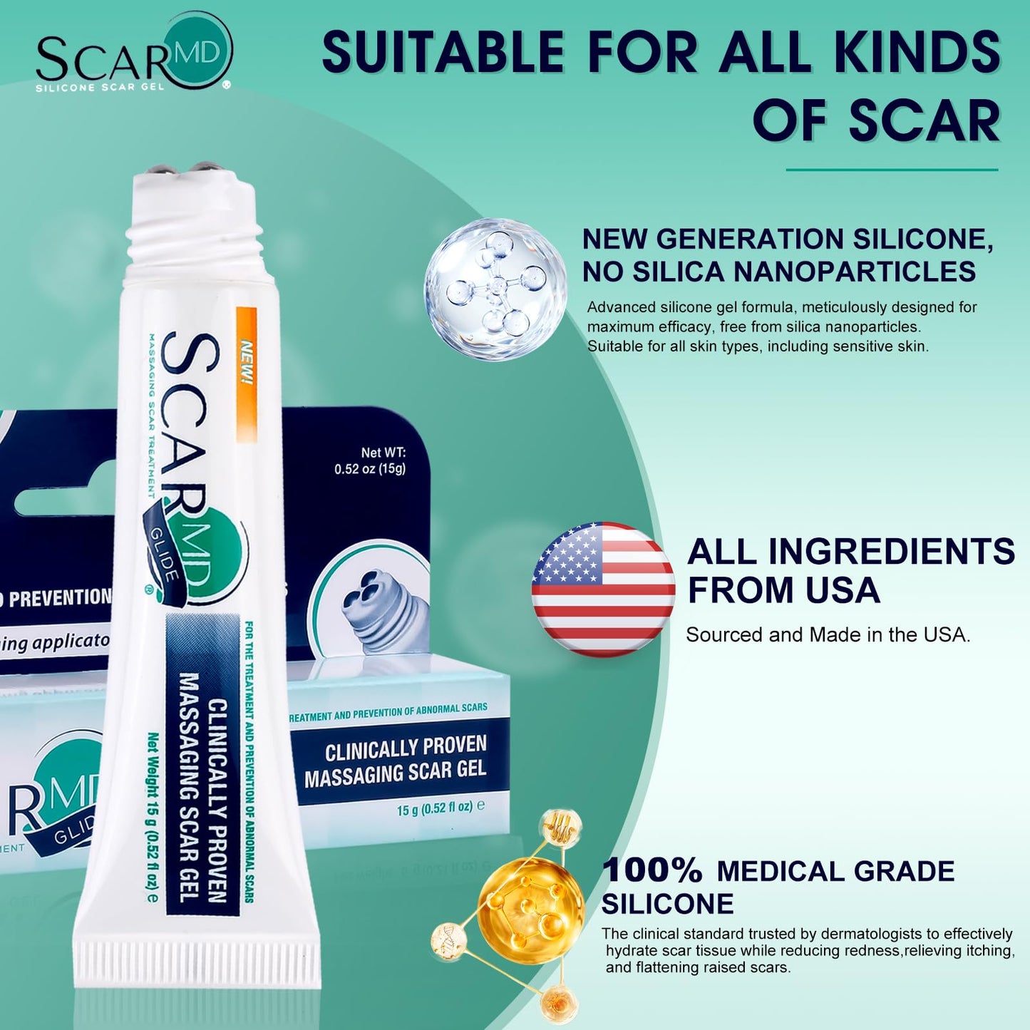 ScarMD Silicone Scar Gel Roll-On, 100% Pure Scar Cream, Advanced Scar Cream for Surgical Scars, Keloids & Stretch Marks | Clinically Proven Treatment for Old & New Scars