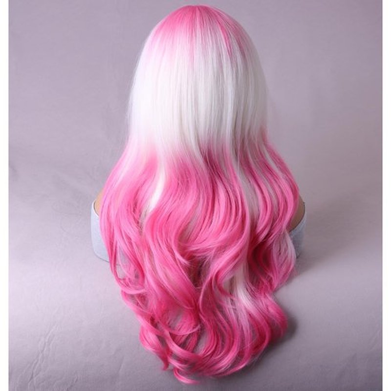 BERON Pink and White Long Wigs Curly Wavy Women's Wigs with Bangs Pink White Ombre Colorful Heat Resistant Synthetic Wigs for Cosplay or Daily Wigs Wig Cap Included