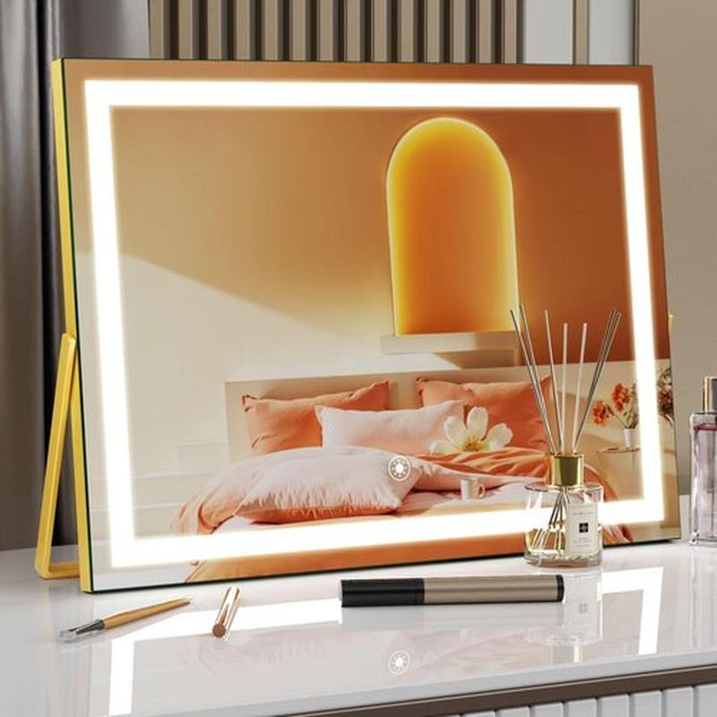 Gvnkvn Ligheted Vanity Mirror with Lights, 14" x 12" LED Makeup Mirror, 3 Modes Light, Smart Touch Control Dimmable, 360°Rotation, Rectangle Gold Frame