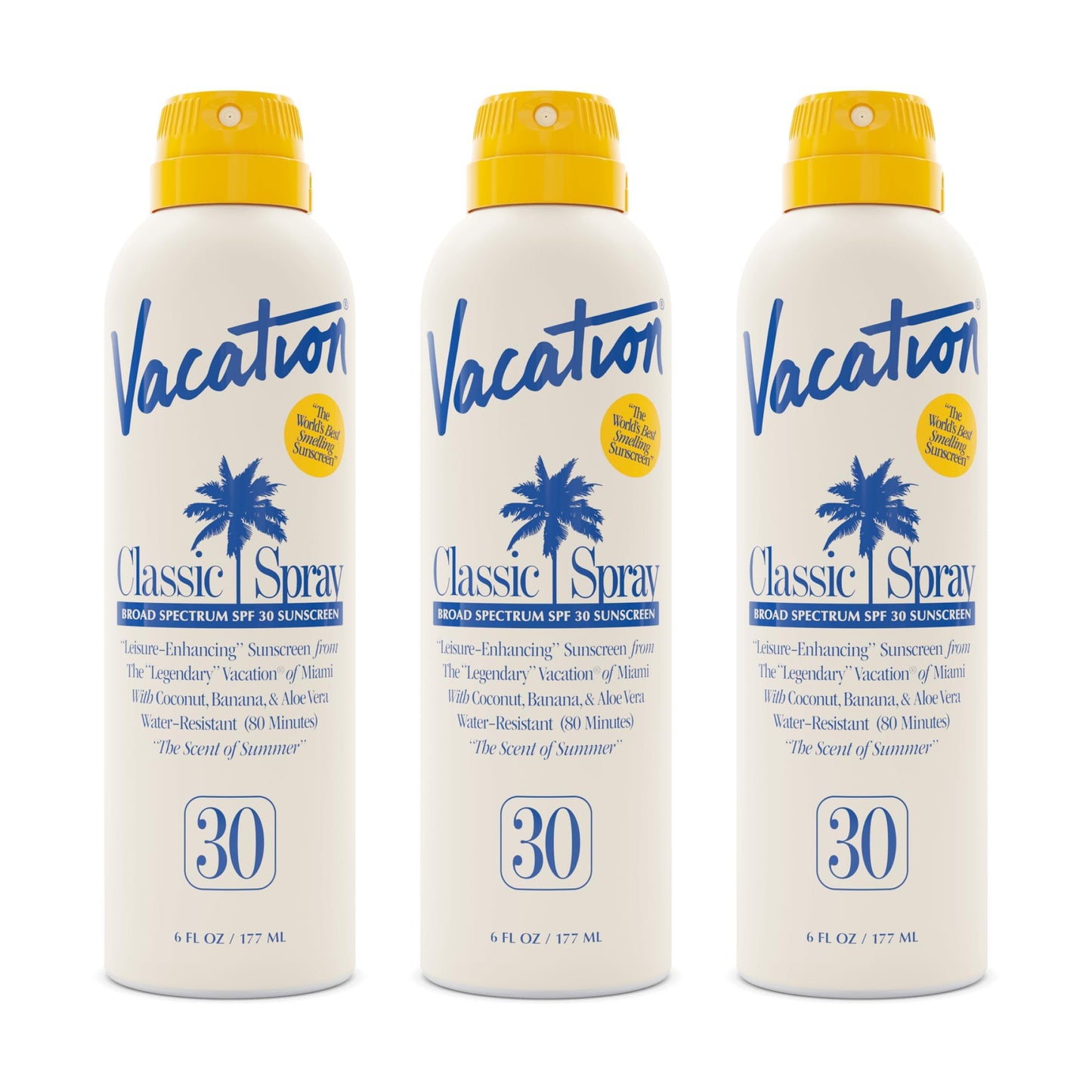 Vacation Classic SPF 30 Sunscreen Spray, 6 Fluid Ounces, Pack of 3 - Broad Spectrum, Lightweight, Transparent on All Skin Tones, Water-Resistant, Vegan, Dermatologist-Tested