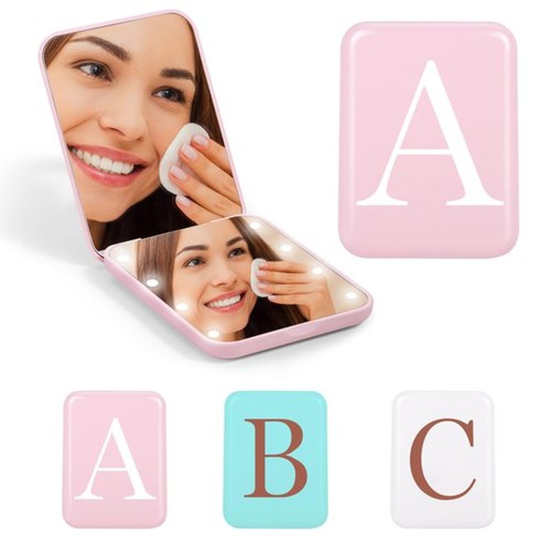 STINI Birthday Gifts for Women Girl - Personalized for Mom Sister Aunt Niece Her Daughter Friend, Compact Pink Lighted 1X/3X Magnification Makeup Mirror Initial A