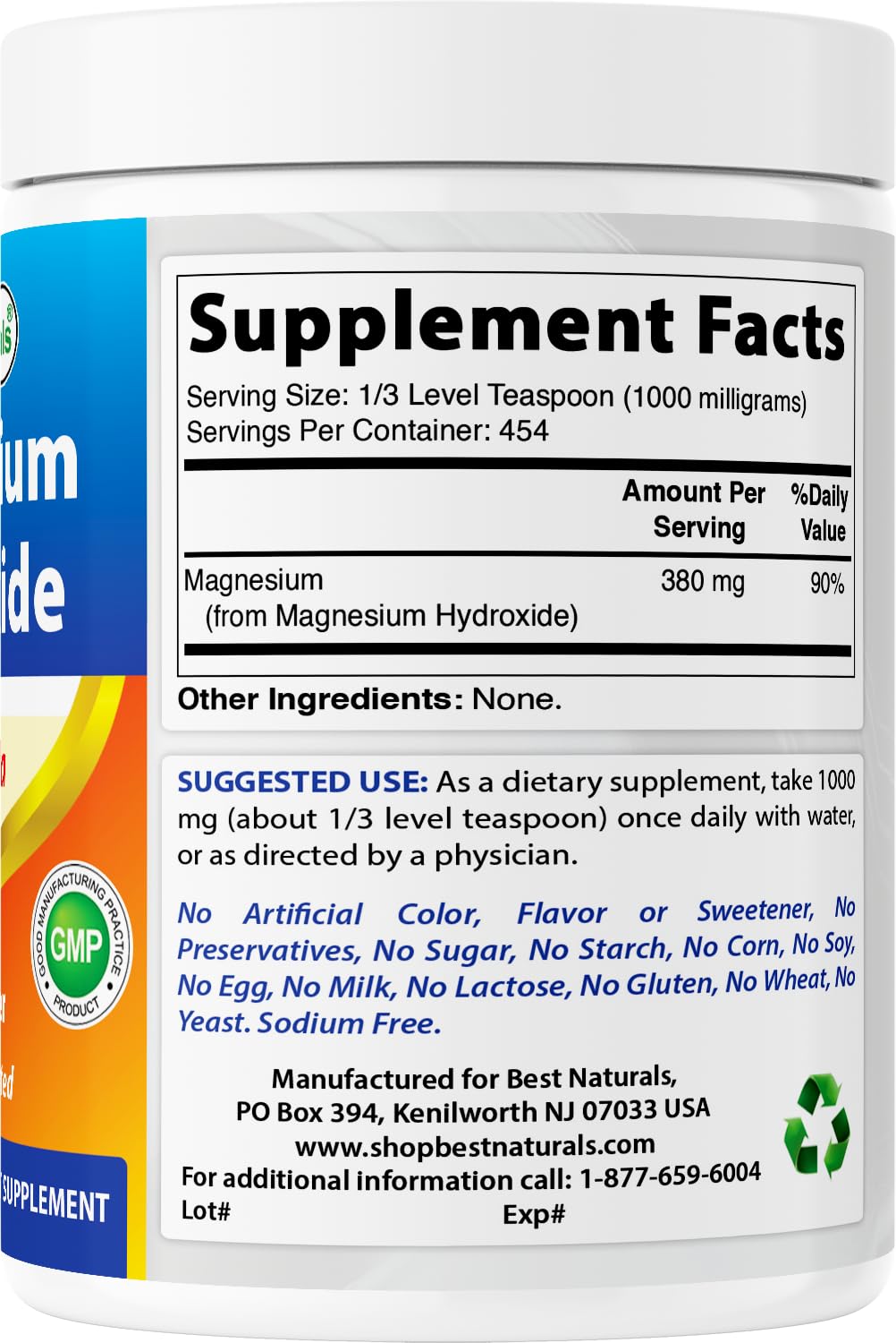 Best Naturals Magnesium Hydroxide Powder - 380mg of Elemental Magnesium per Serving - 454 Servings per Cotainer - 1 Pound