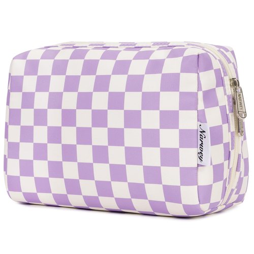 Narwey Large Checkered Makeup Bag Zipper Pouch Travel Cosmetic Bag Organizer for Women (Large, Purple Checkerboard)