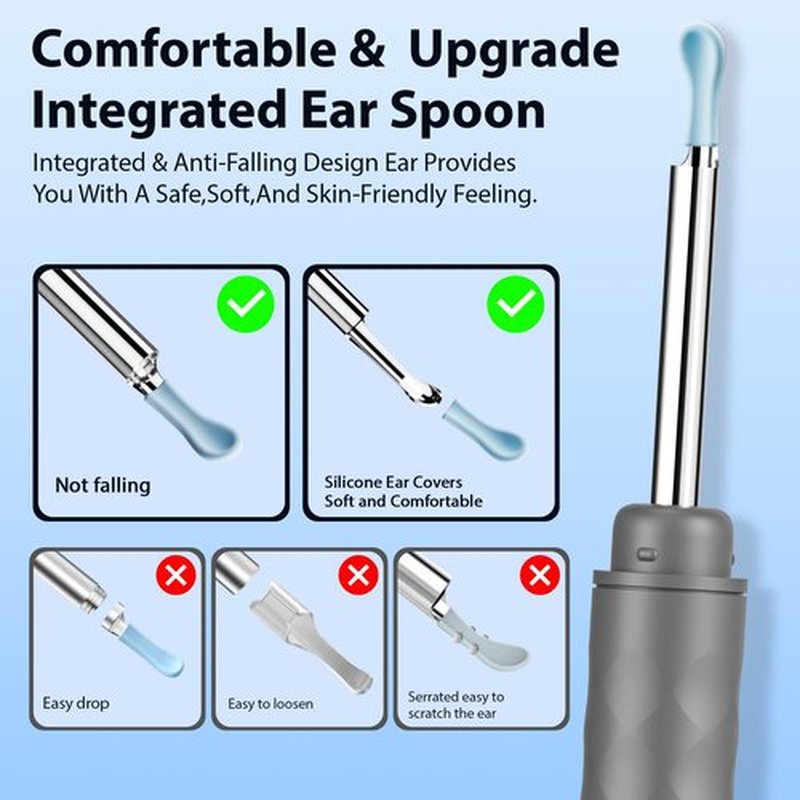 FINSOFT Ear Wax Removal Tool Camera, Ear Cleaner with Camera, Ear Wax Removal Cleaning Kit with 1296P HD Camera and 6 LED Lights, Earwax Removal Kit with 10 Ear Pick for iOS and Android, Grey