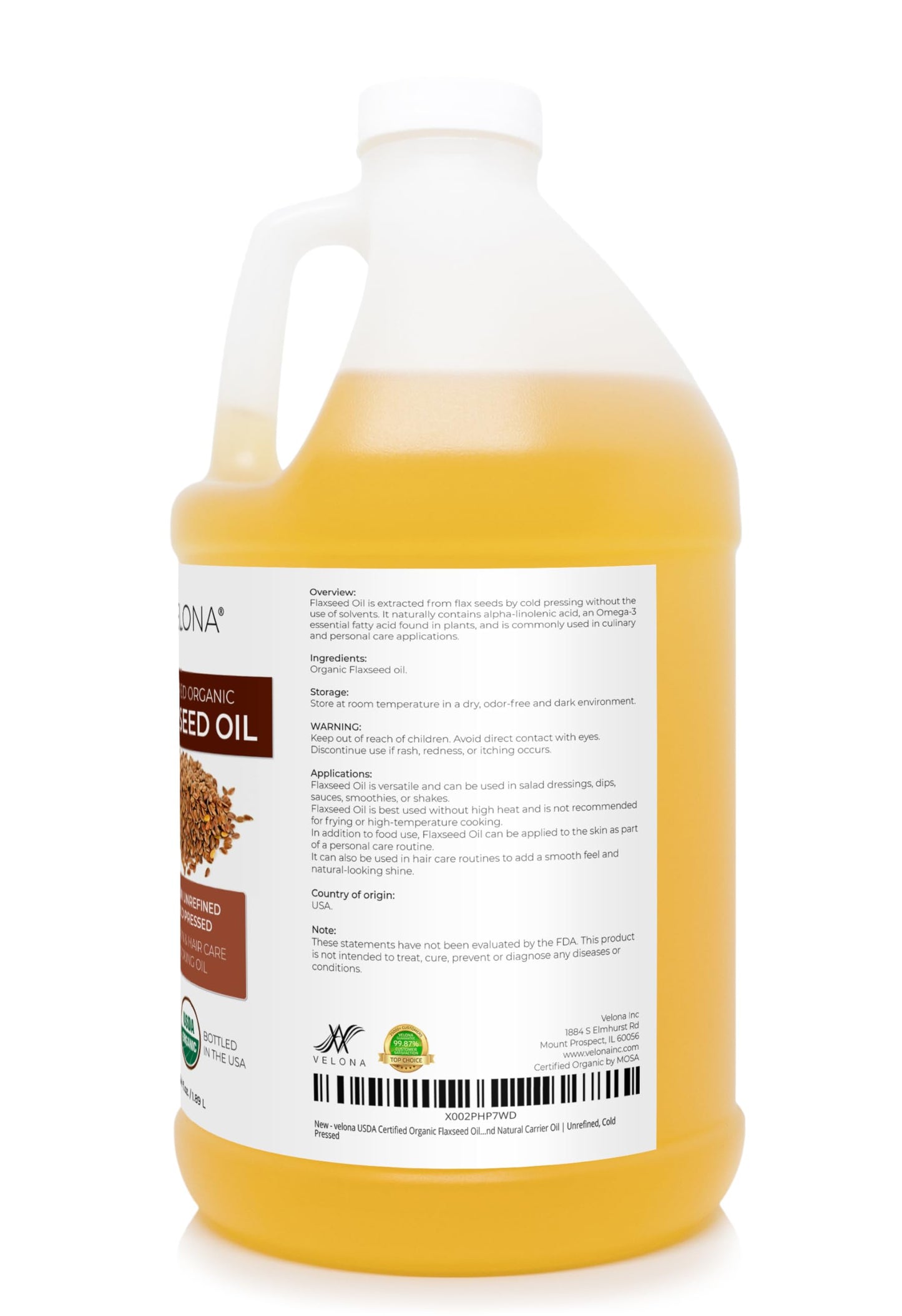 velona USDA Certified Organic Flaxseed Oil - 64 Fl Oz | 100% Pure and Natural Carrier Oil | Unrefined, Cold Pressed |Body, Face & Skin Care | Use Today - Enjoy Results…