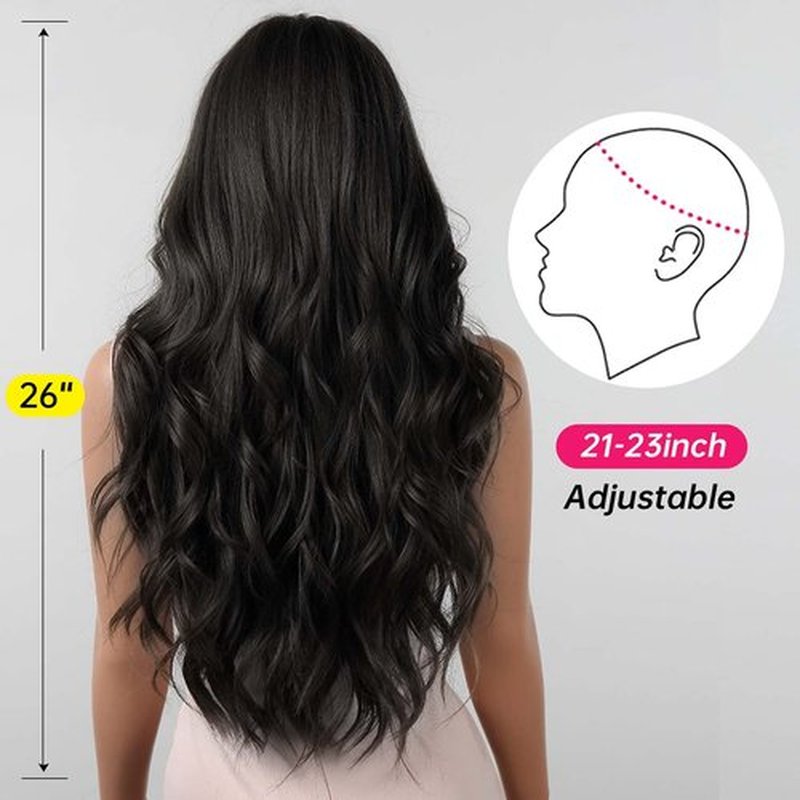 BERON Black Wigs Long Wavy Women Wigs with Bangs Natural Black Curly Heat Resistant Synthetic Wigs for Daily Wigs Wig Cap Included