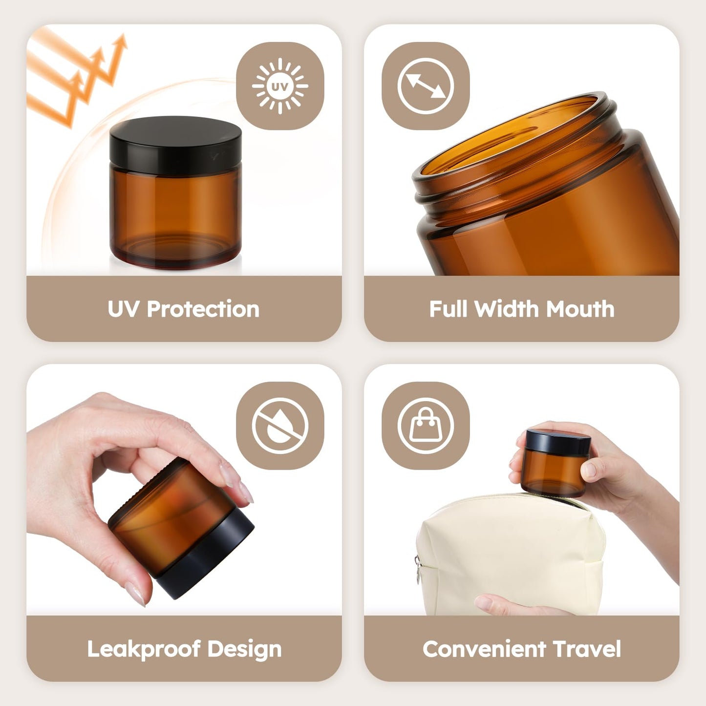 2 oz Glass Jars with Lids, 6 Pack Amber Glass Jars with Black Lids Leakproof Round Airtight Empty Cosmetic Travel Containers with Inner Liners For Lotions Powders and Candle Making