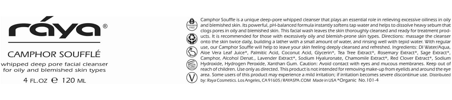 Raya Camphor Soufflé Facial Cleanser 8 oz (101) | pH Balanced Face Wash for Oily, Blemished, and Break-Out Skin | Helps Reduce White-Heads and Black-Heads and Clear Clogged Pores