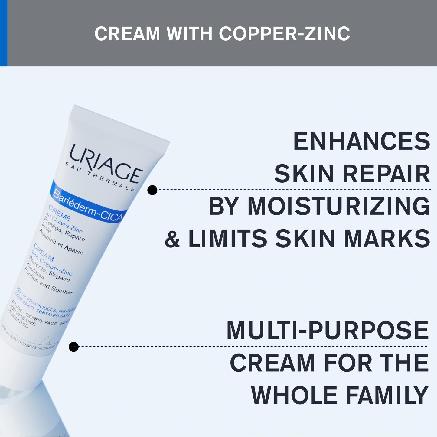 Uriage Bariéderm-CICA Multi-Purpose Restoring Cream with Copper-Zinc & D-Panthenol, Enhances Skin Repair, For All Ages & Skin Types, Fragrance-Free