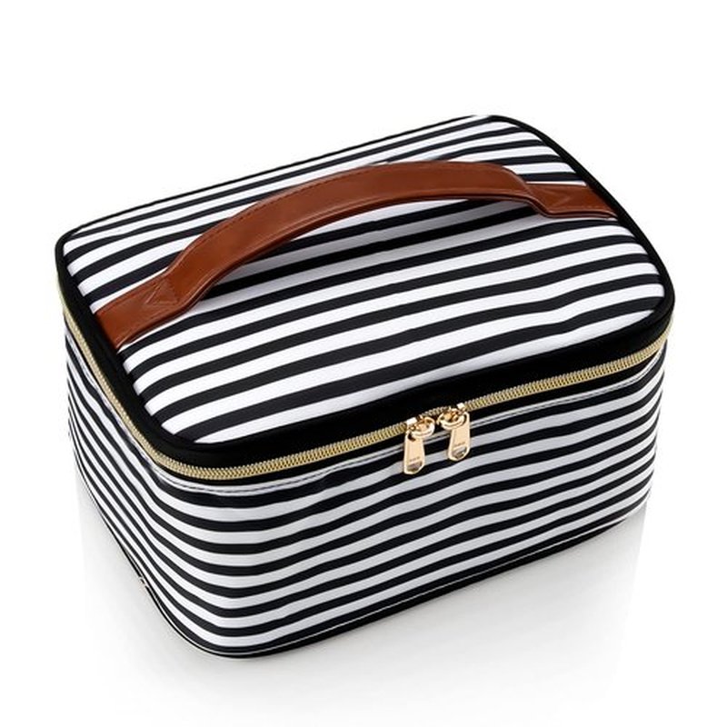 OCHEAL Striped Makeup Bag,Travel Makeup Organizer Bag, Large Capacity Cosmetic Bags For Women Large Travel Toiletry Bag Girls Traveling With Brush Slot And Divider