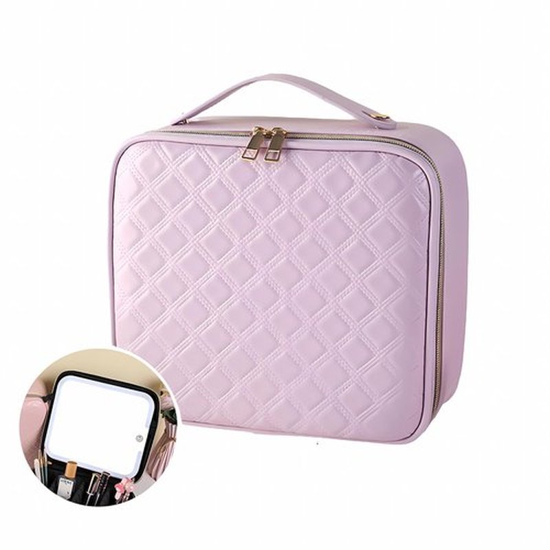 JXAUDEKK Large Capacity Travel Makeup Train Case with LED Mirror,Rechargeable LED Light for Makeup Cosmetic Case with Brushes Storage Organizer,Travel Box Cosmetic Bag for Women (Pu Leather Purple)