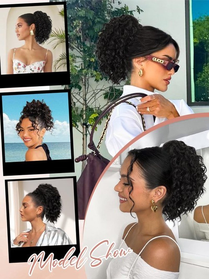 SUZYACCKR Wavy Curly Ponytail Extension, 8 Inch Natural Black Short Soft Natural Synthetic Hairpiece Thick Drawstring Ponytail for Black Women for Daily Use