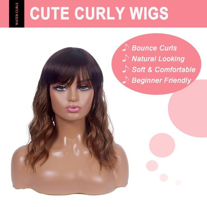 LINGDORA Brown Wigs for Women Short Wig with Bangs Natural Looking Curly Hair Wigs Synthetic Heat Resistant Fiber Ombre Wigs for Daily Party Use (Ombre Brown)