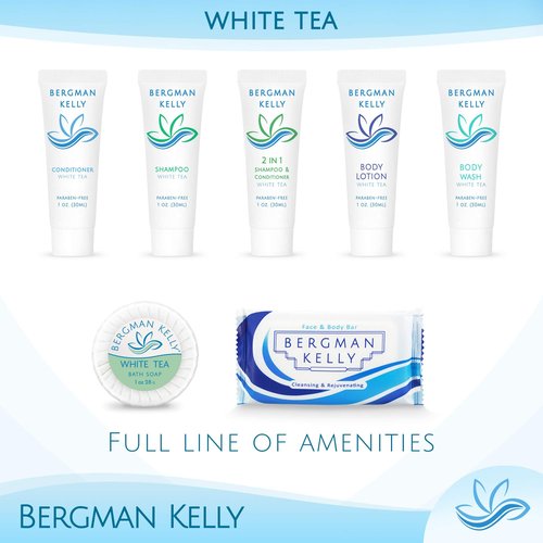 BERGMAN KELLY - Hotel Soap Bars - White Tea, 1 oz, 200 PK - Travel Size Luxury Bulk Amenities Bar Soap, Mini Individually Wrapped Round Soap - Small Toiletries for Airbnb, Motel, Guest Bathroom