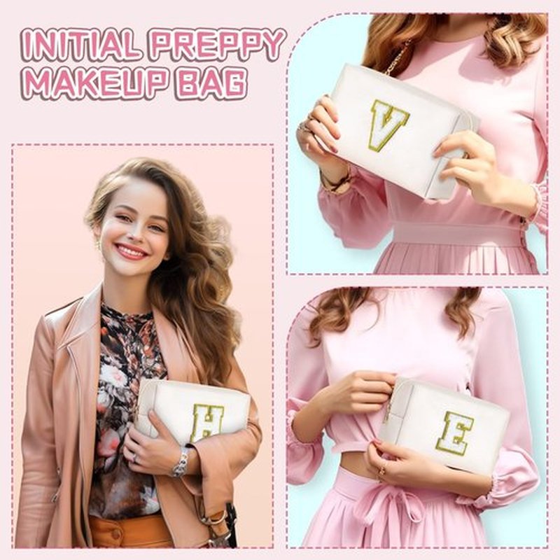 TOPEAST Initial Makeup Bag, Personalized Initial Bags with Zipper, Cute Makeup Pouch, PU Leather Waterproof Cosmetic Bag, Birthday Gift For Women, Preppy Things For Girls (White A)