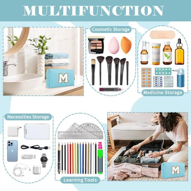 Small Personalized Initial A-Z Preppy Patch Makeup Bag,PU Chenille Letter Travel Cosmetic Pouch with Zipper,Blue Cute Toiletry Bag,Gift Ideal for Teen Girls Women Teacher Bridesmaid,Letter M