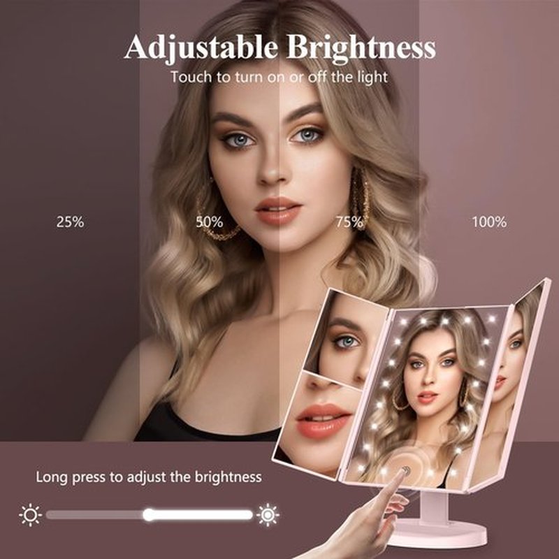 HUONUL Makeup Mirror Vanity with Lights, 2X 3X 10X Magnification, Lighted Mirror, Touch Control, Trifold Dual Power Supply, Portable LED Women Gift (Pink)