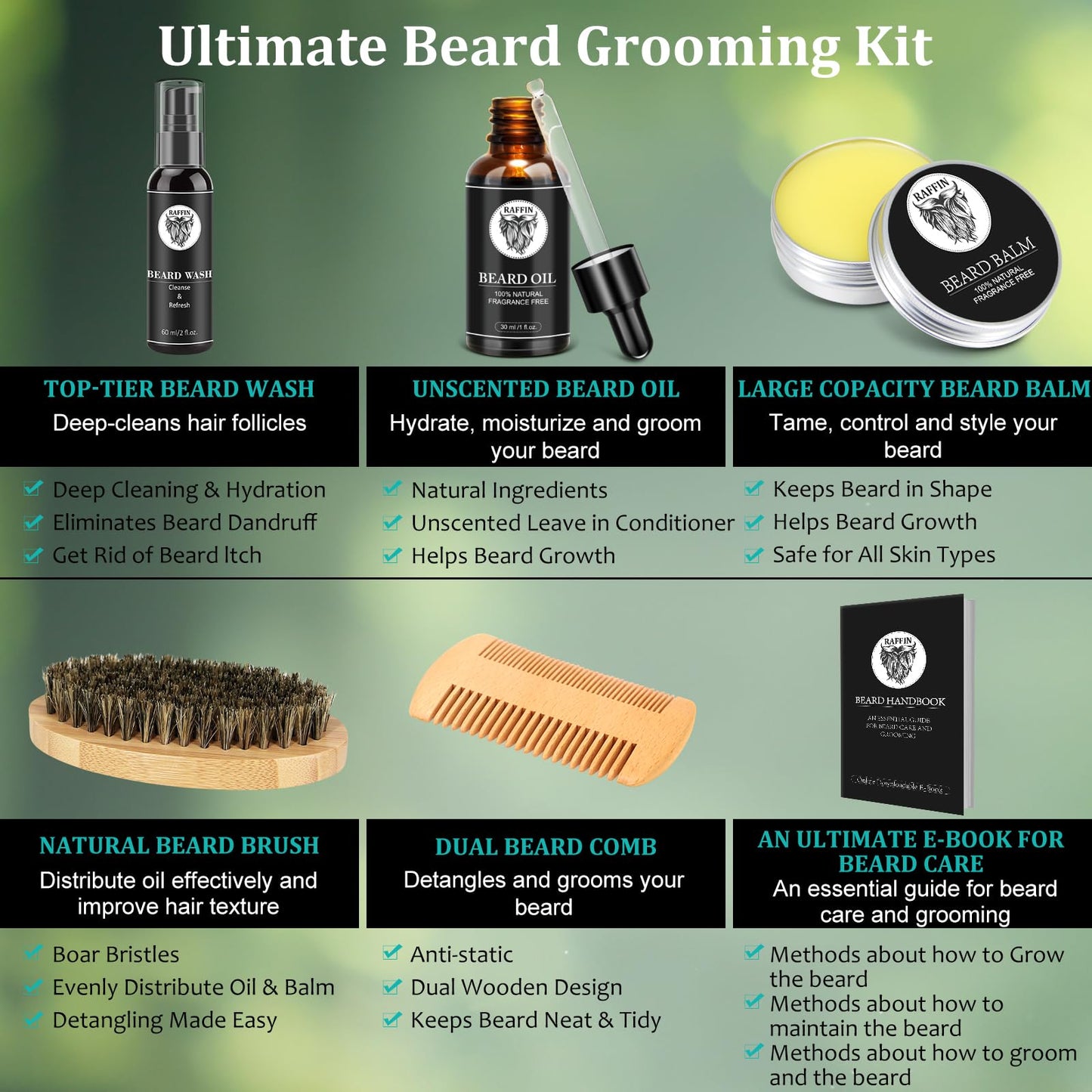 RAFFIN Beard Kit w/Beard Oil, Beard Balm, Beard Brush, Beard Comb, Beard Wash/Shampoo for Men's Self-care, Christmas & Stocking Stuffers for Adult Men, Birthday Gifts for Him Husband Boyfriend Dad