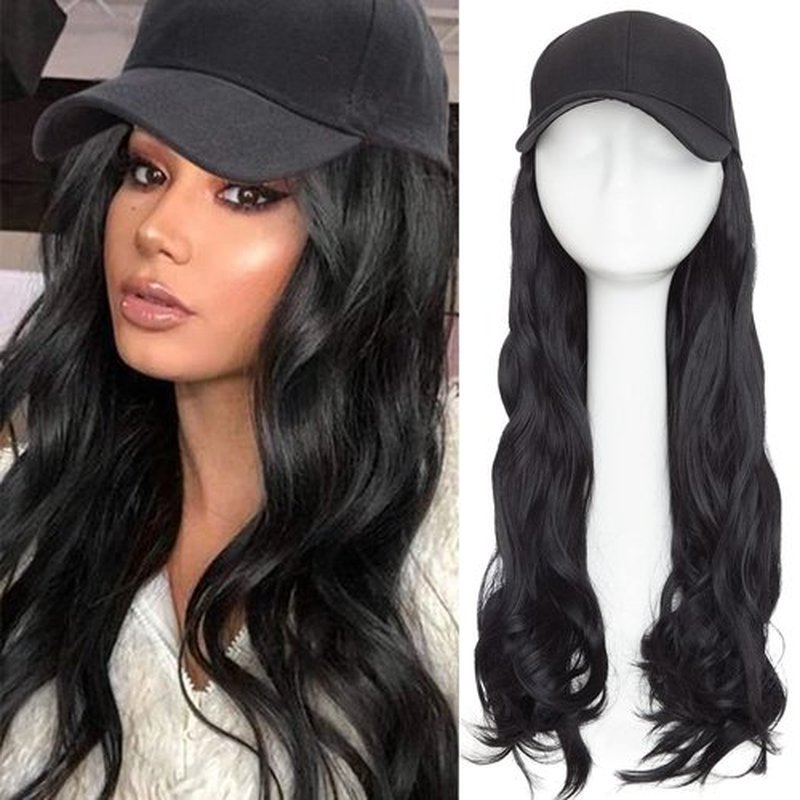 S-noilite 16" Baseball Cap with Hair Baseball Hats with Hair Attached Curly Wavy Cap Wig with Hair Extensions Adjustable Culry Baseball Hat Wig for Women (16" -Curly, Black)