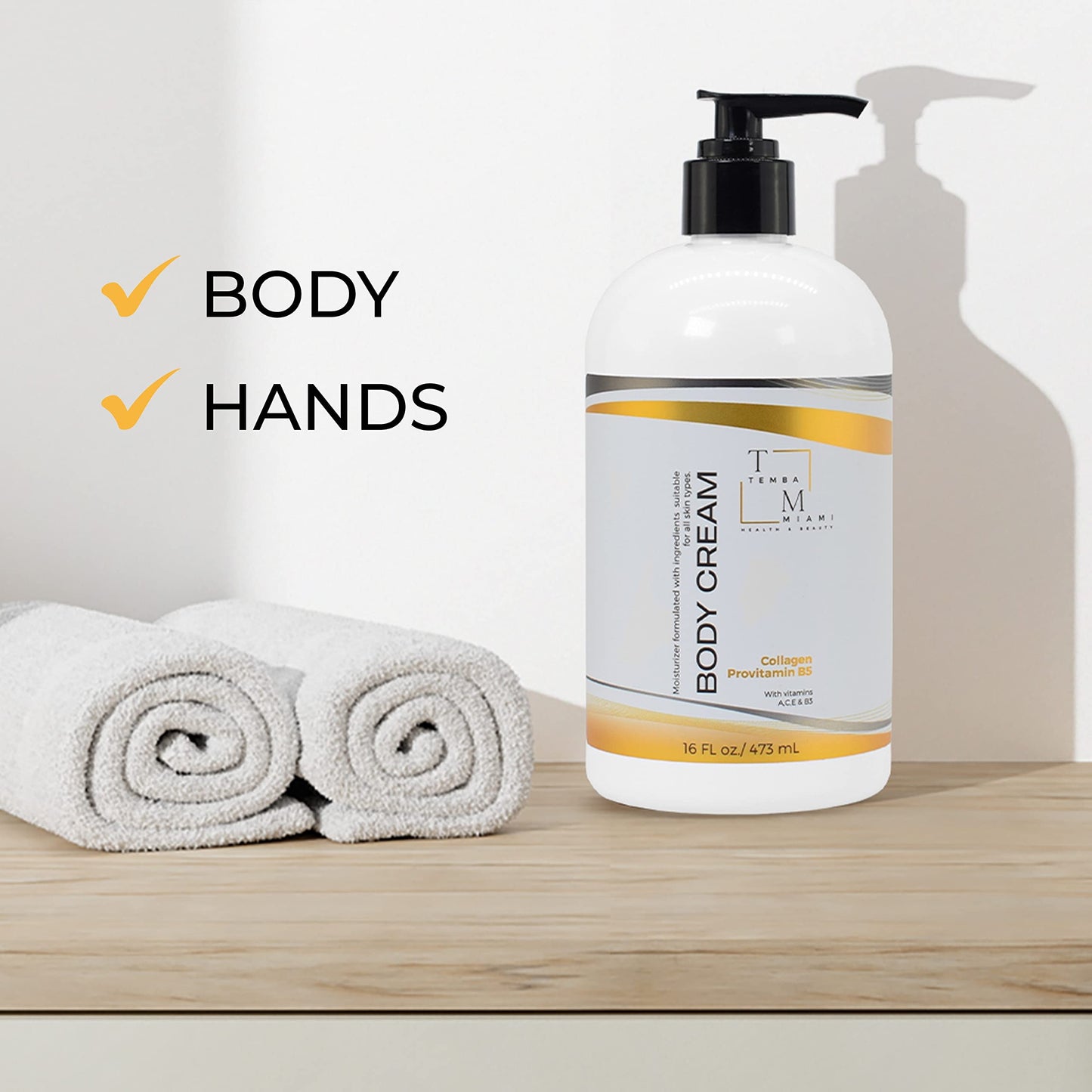 TEMBA MIAMI BODY & HAND CREAM Moisturizer, ANTI-AGING Body Cream, Non Greasy For ALL SKIN TYPES, With COLLAGEN & SHEA BUTTER, White, 16 Oz.