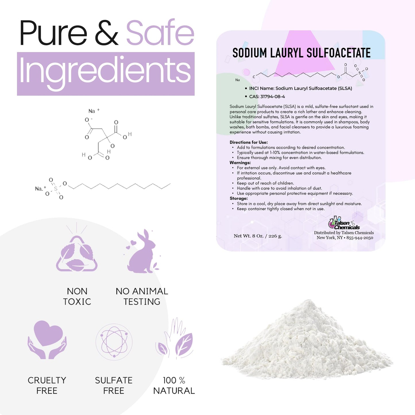 SLSA Sodium Lauryl Sulfoacetate Cosmetic Grade 8 oz / 226 g - Organic Gentle Foaming Surfactant for Shampoos, Body Washes, and Bath Bomb DIY Personal Care Supplies by Talsen Chemicals