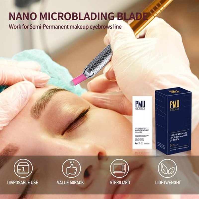 50Pcs Professional Microlading Needles 14 Curved Flat with 0.18mm Diameter Disposable Manual Eyebrow Blades Tattoo Neddles Permanent Makeup Supplies Microblading Kits